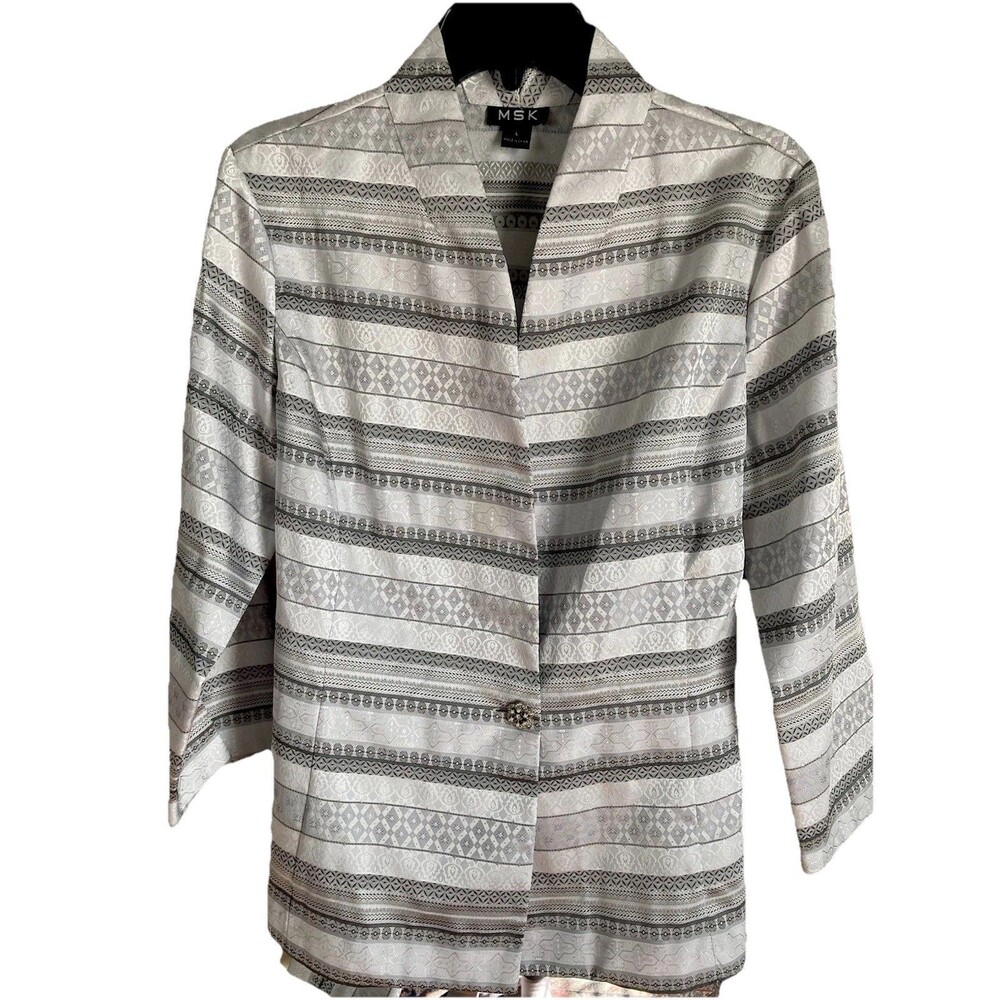 MSK Vintage Dress Jacket Silver & White Large Tie Back Rhinestone VTG Formal Y2K